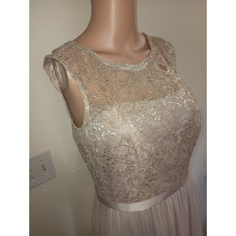 Women's David’s Bridal Champagne Lace Sequin Pleated Gown Size 8 W012D - Picture 5 of 10